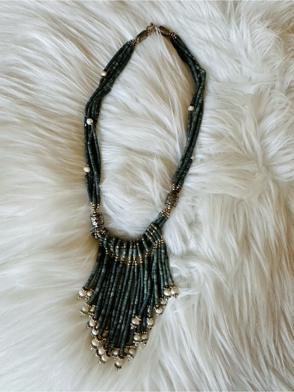 Vintage Green Beaded Fringe Necklace